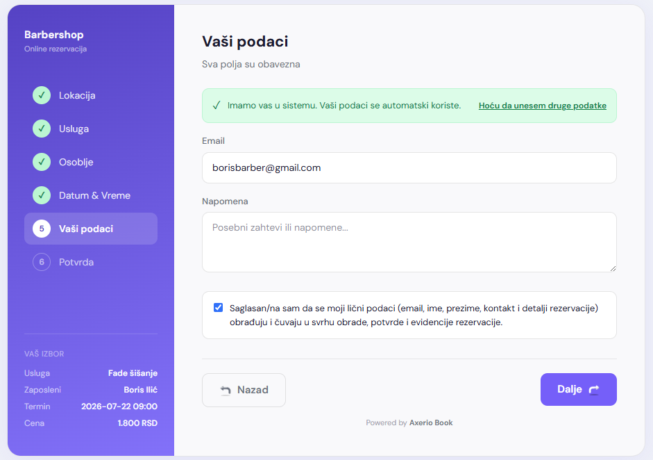 Sistem prepoznaje klijenta po emailu