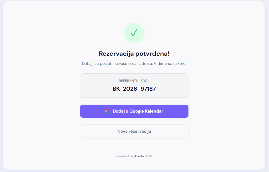 Ekran uspešne rezervacije
